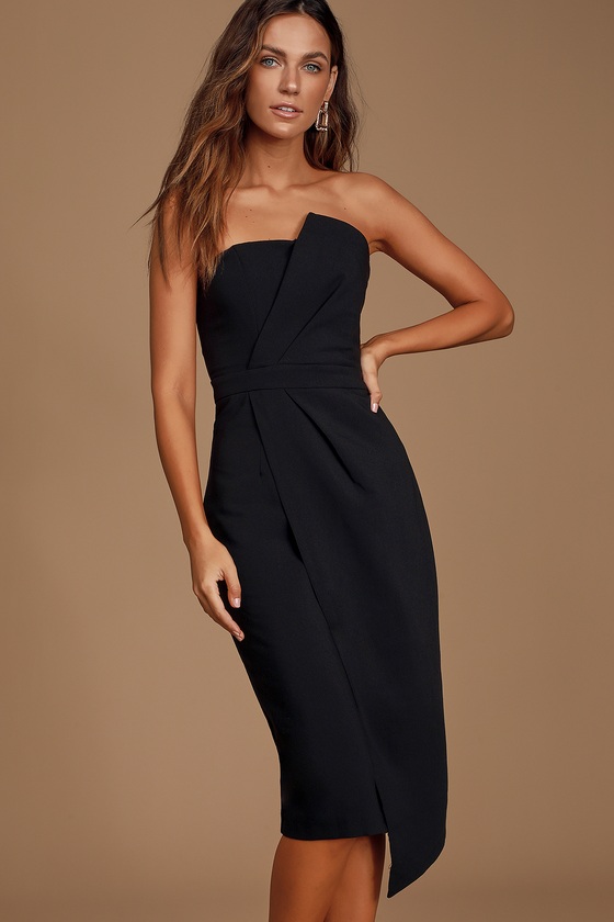 Sexy Black Dress - Strapless Midi Dress - Faux Wrap Dress - Lulus